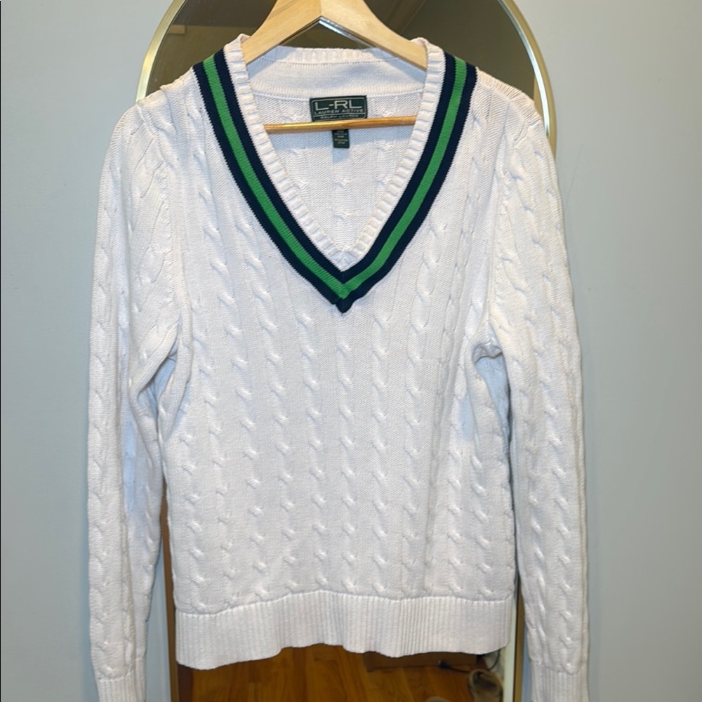 Ralph Lauren Active White V-Neck Sweater with Green and Blue Trim